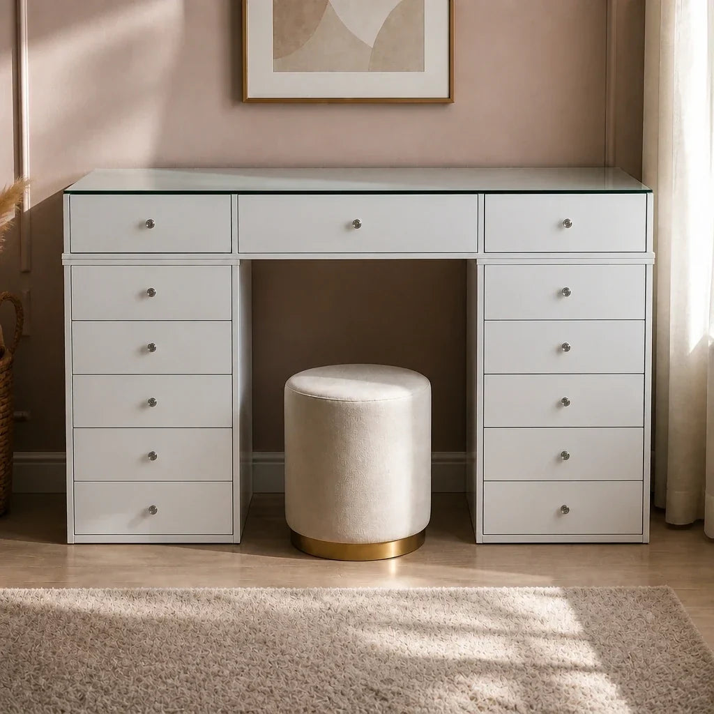 Glass Top Dressing Table with 13 Drawers - White, 150cm