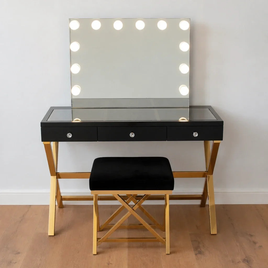 Dressing Table with Mirror - Black Glass Top, Gold Legs