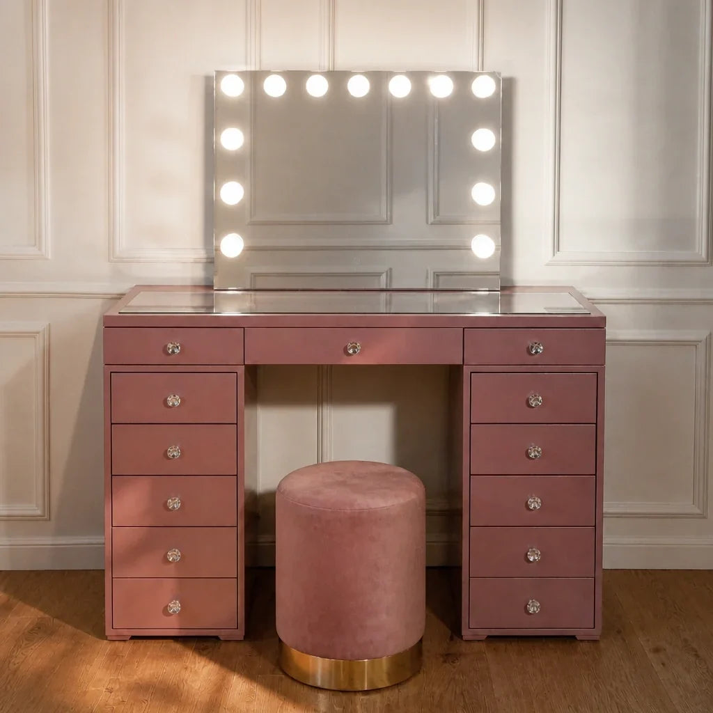 Dressing Table with Mirror and Drawers - Rose Gold