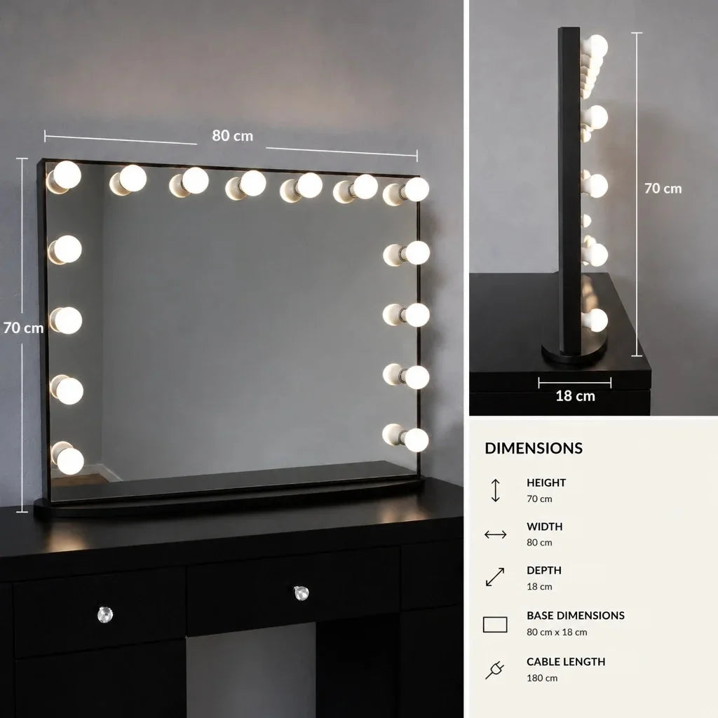 Hollywood Mirror with Bulbs - Large, Black