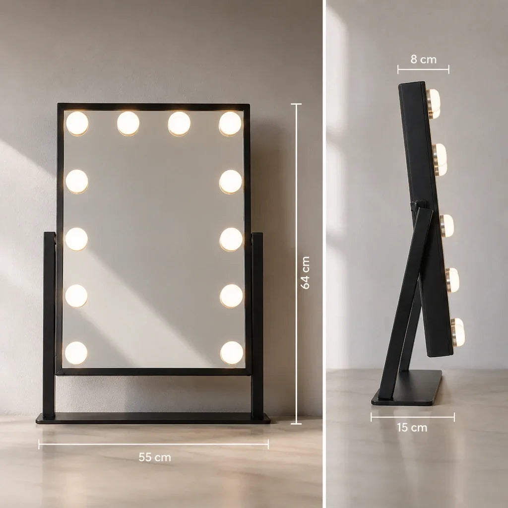 Makeup Mirror with Lights - Black, Adjustable Angle