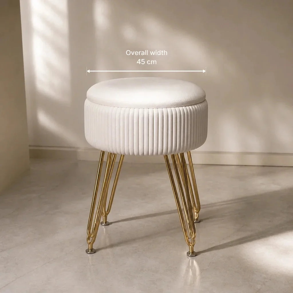 Dressing Table Stool - White Velvet with Gold Legs, 47cm