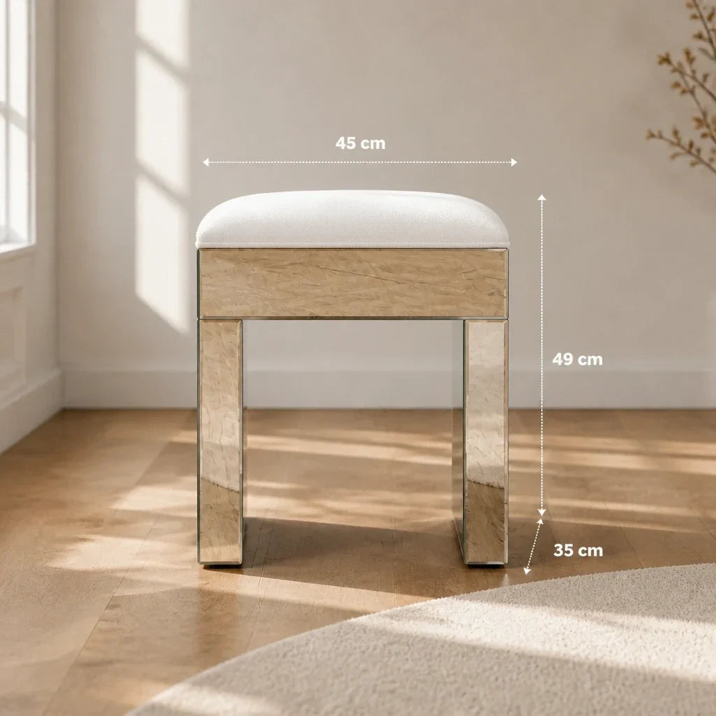 Dressing Table Stool - White Velvet, Mirrored Frame