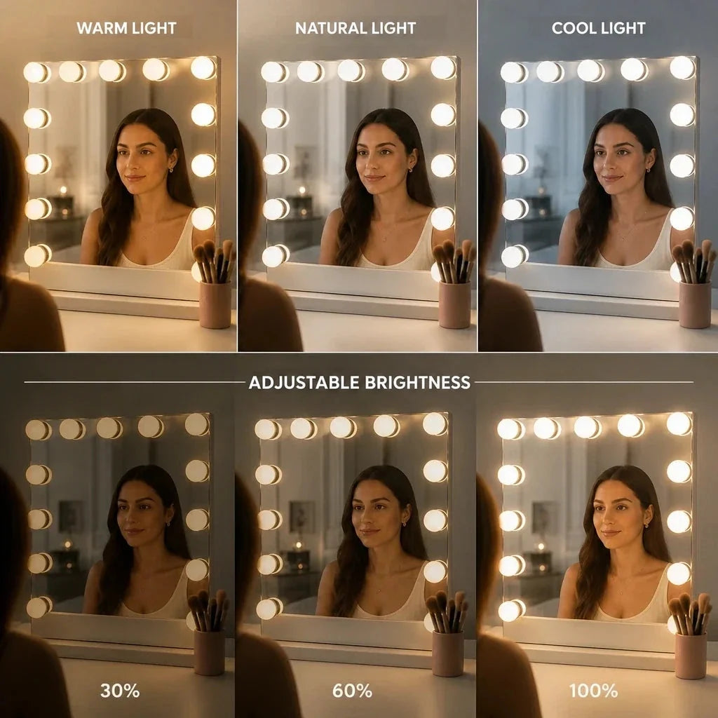 Hollywood Mirror with 12 LED Bulbs - White, 50cm