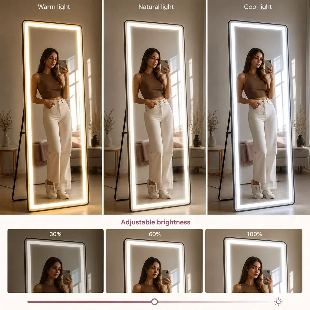 Full Length Floor Mirror with Lights - Black, 163cm