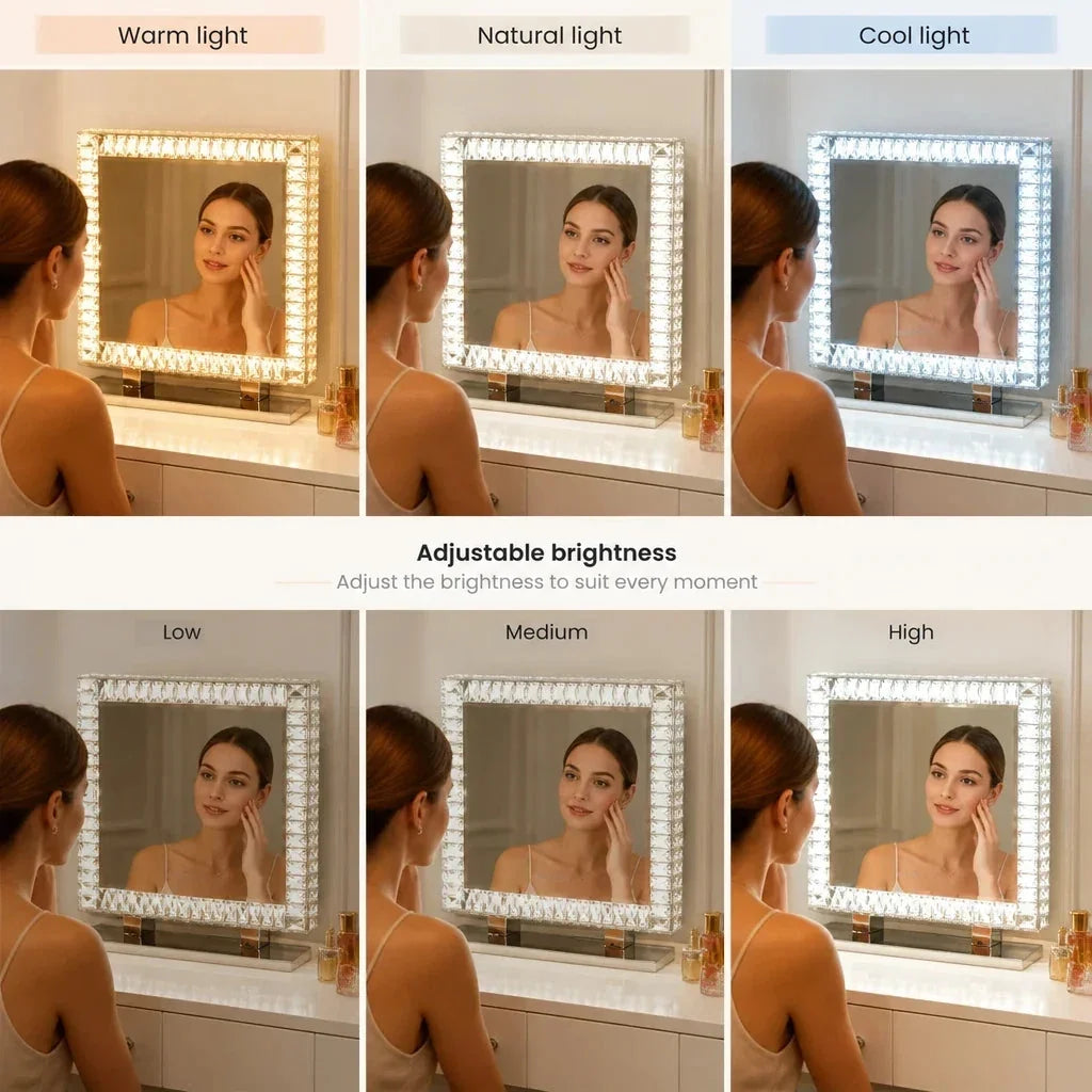 Makeup Mirror with Lights - Rectangular Crystal, Silver