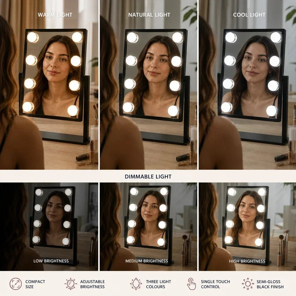 Makeup Mirror with Lights - Small, Black Gloss