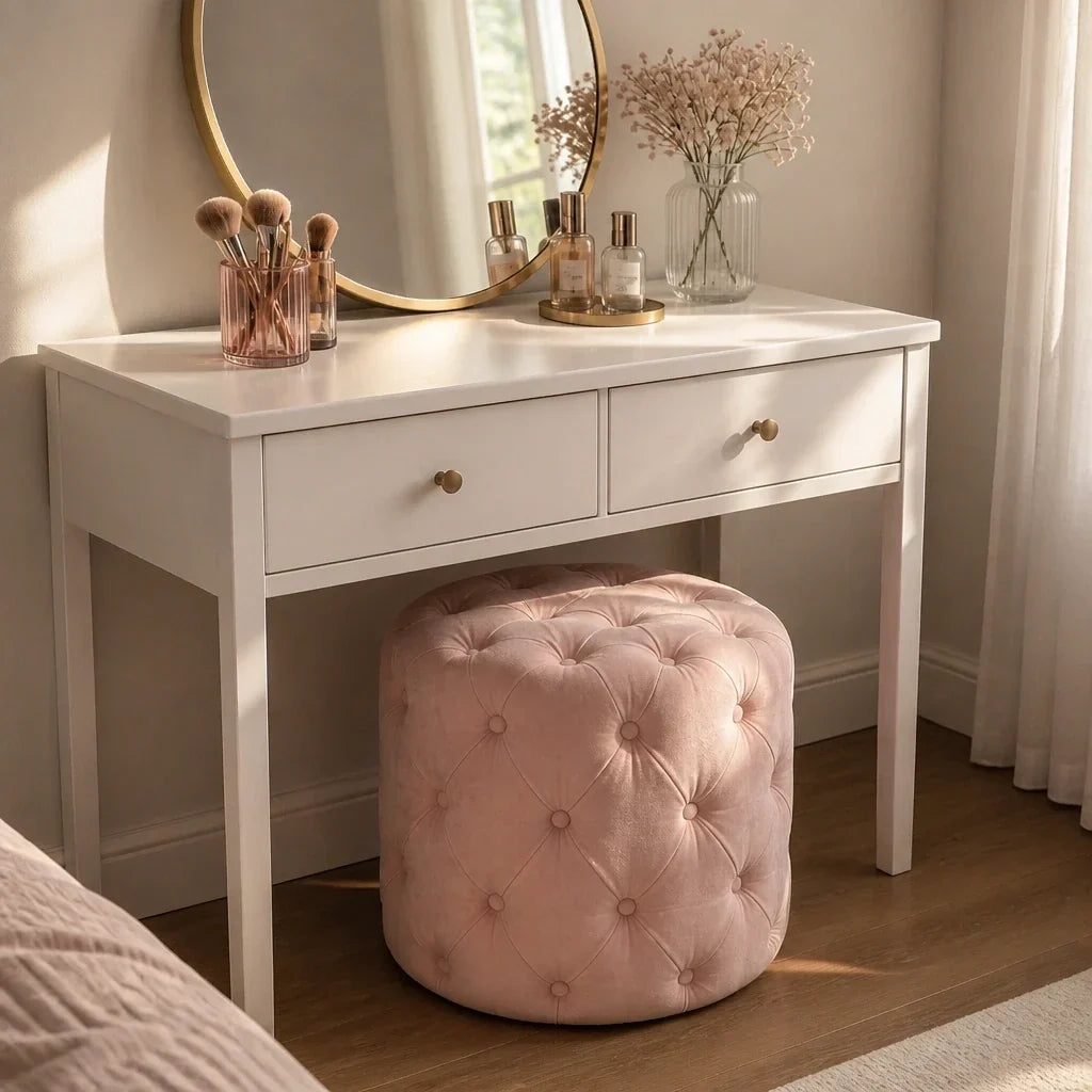 Dressing Table Stool - Pink Velvet Pouffe