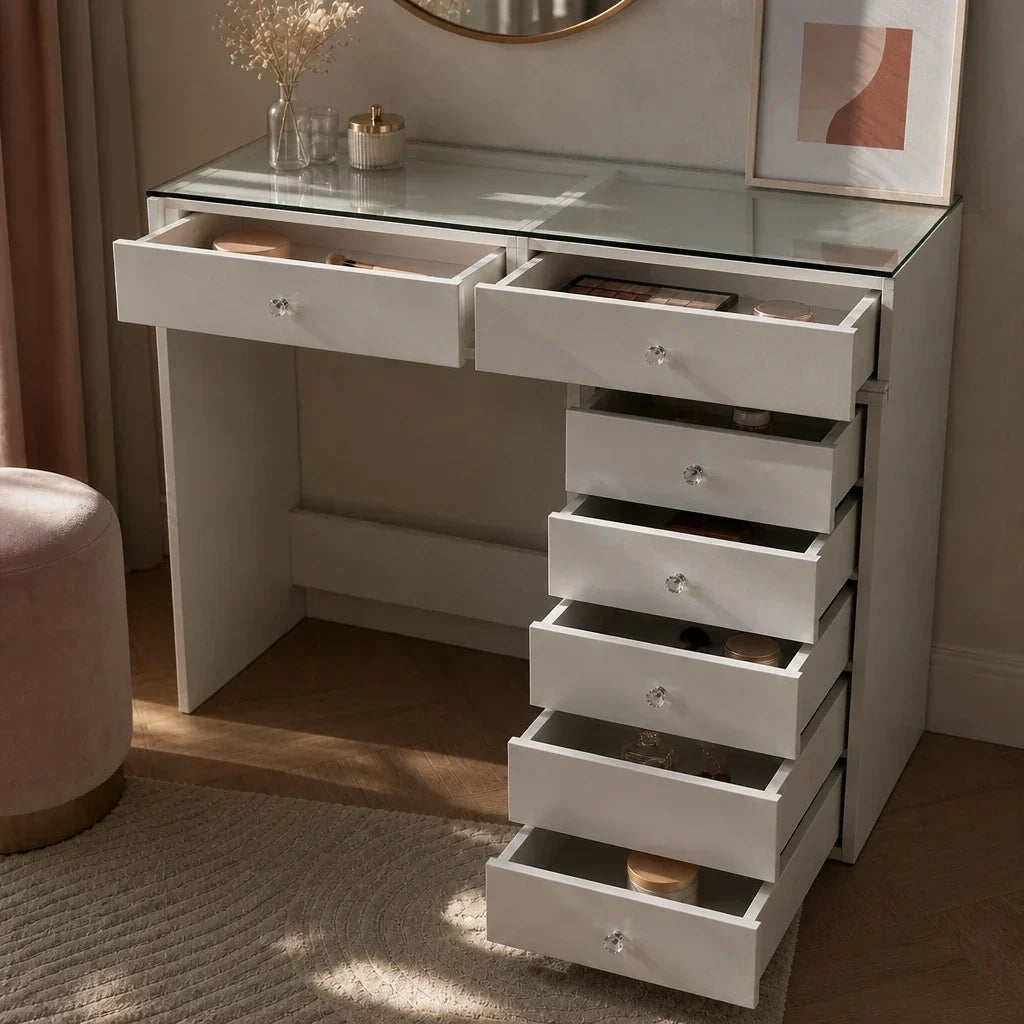 Glass Top Dressing Table with 7 Drawers - White, 120cm