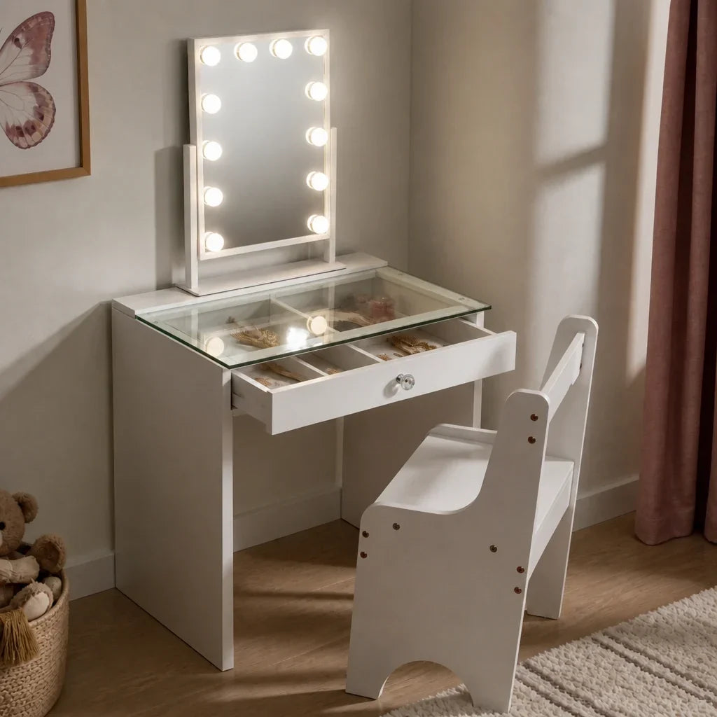 Childrens Dressing Table with Mirror - Glass Top