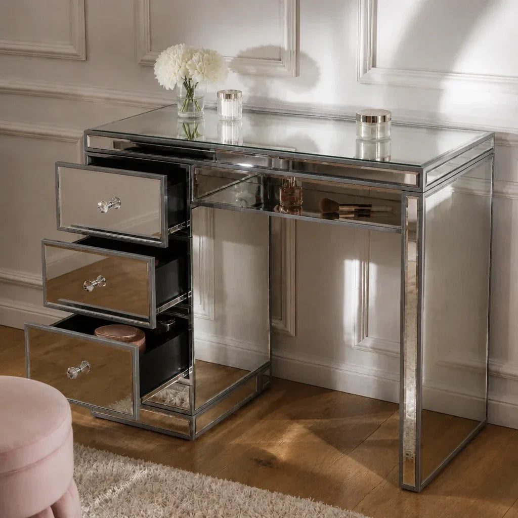 Mirrored Dressing Table with 3 Drawers - Diamond Knobs