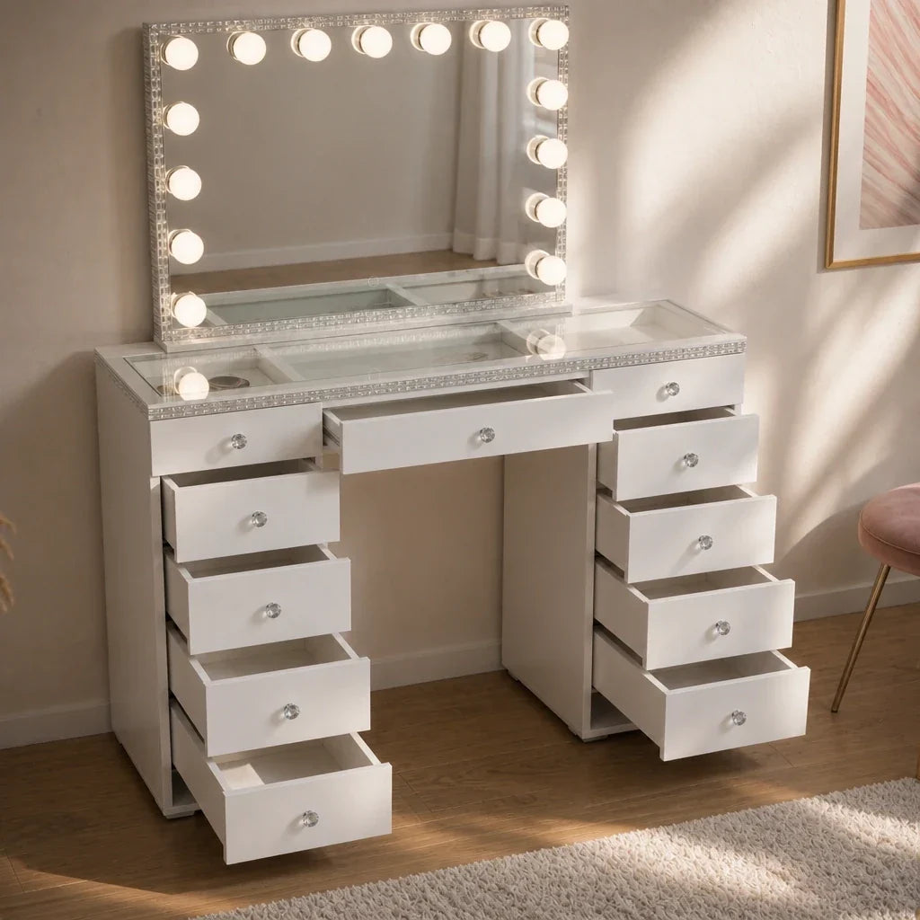 Dressing Table with Mirror and Drawers - White, Crystal