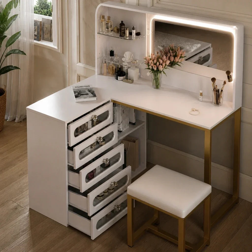 Corner Dressing Table with Mirror - Gold Legs, 5 Drawers