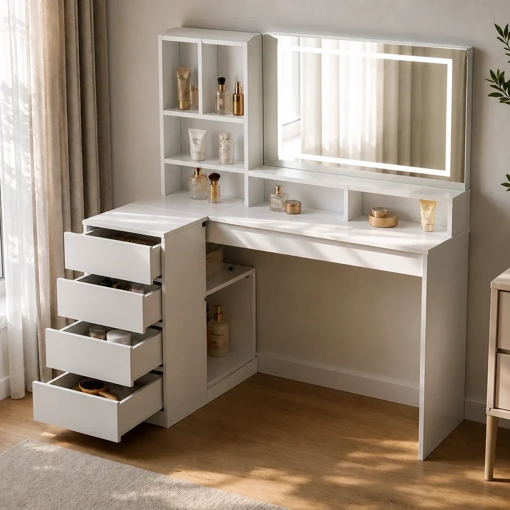Corner Dressing Table with Mirror and Drawers - White
