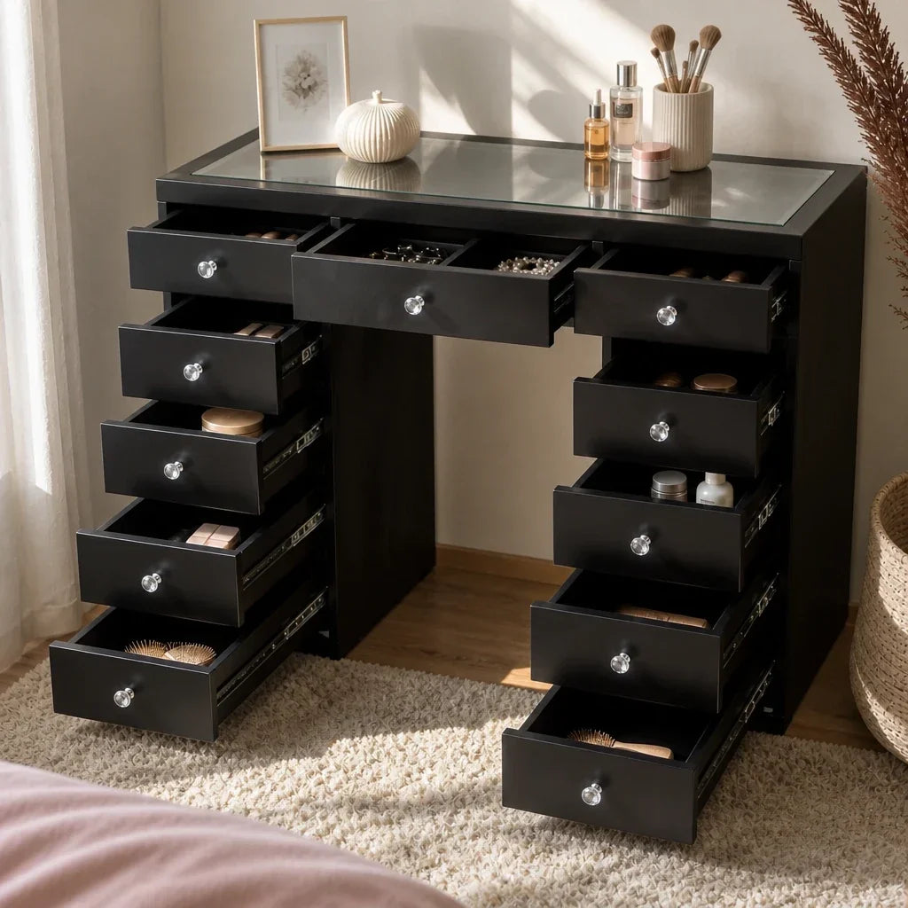 Dressing Table with Drawers - Black, Glass Top