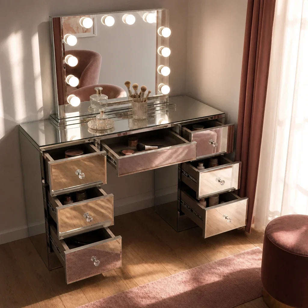 Dressing Table with Mirror and 7 Drawers - Mirrored