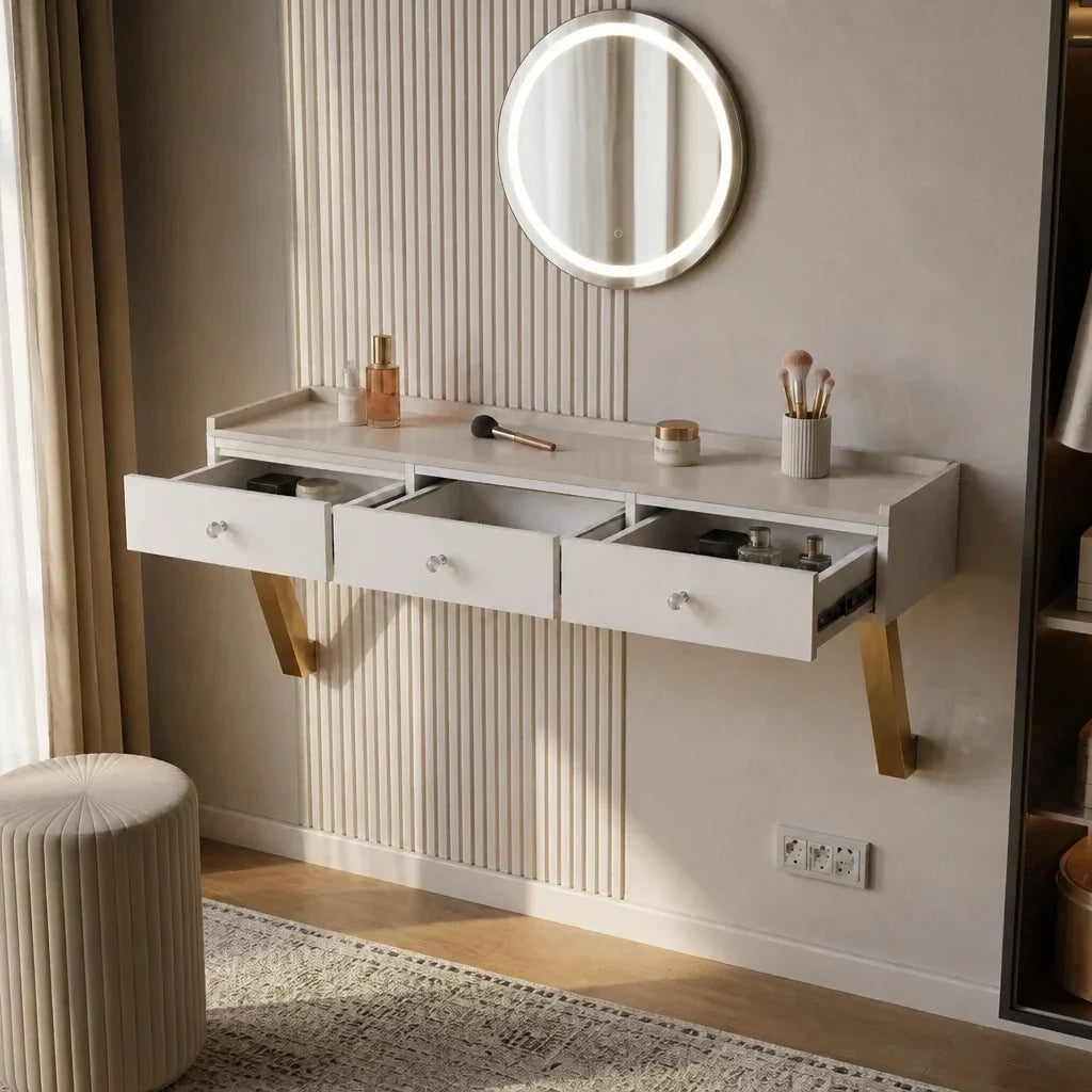 Dressing Table with Wall Mirror - White and Gold, 120cm