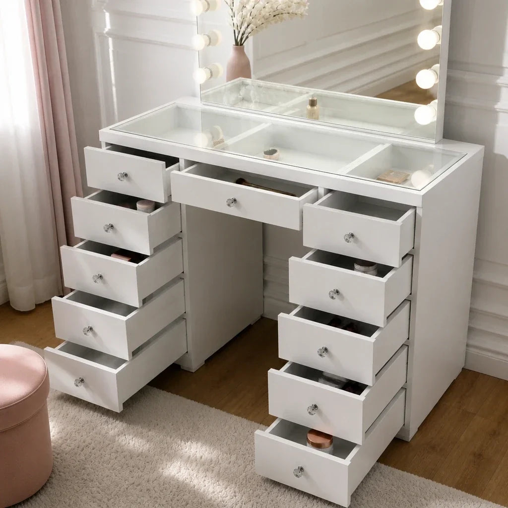 Dressing Table with Mirror and Drawers - White