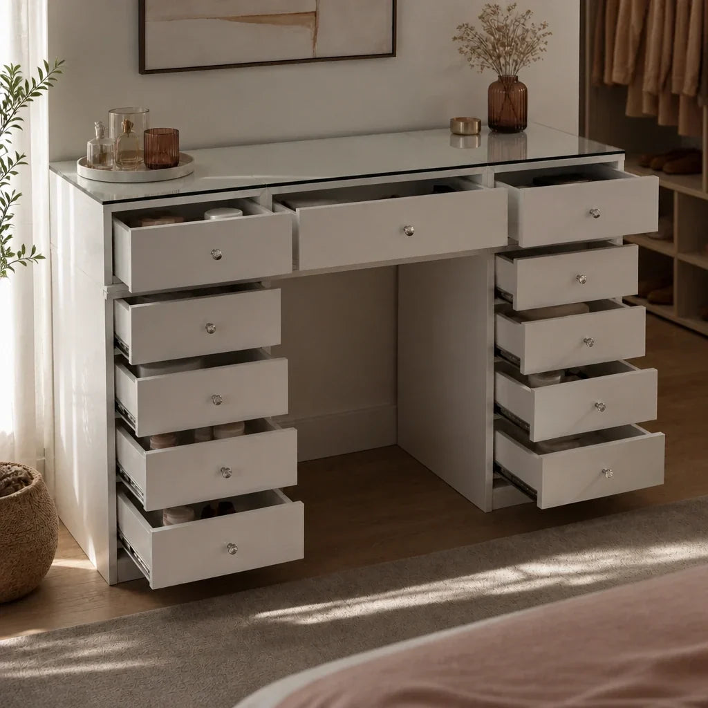 Glass Top Dressing Table with 13 Drawers - White, 150cm