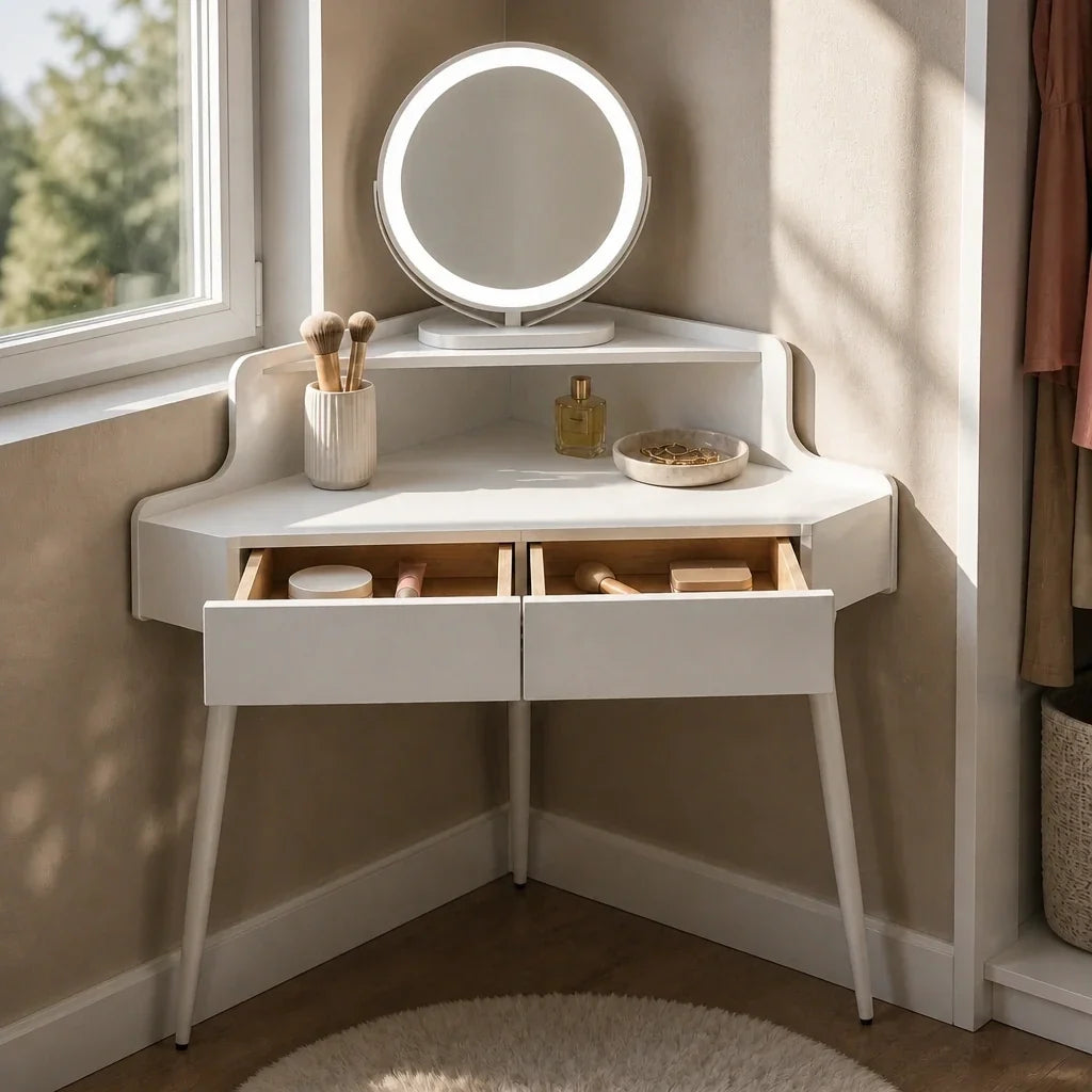 Corner Dressing Table with Mirror - White, 100cm
