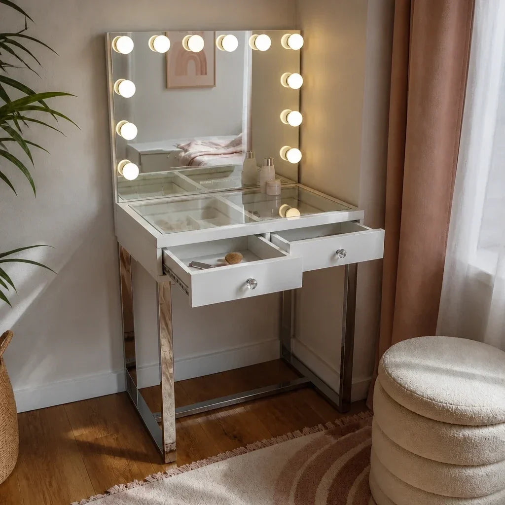 Small Dressing Table with Mirror - White, Chrome Legs