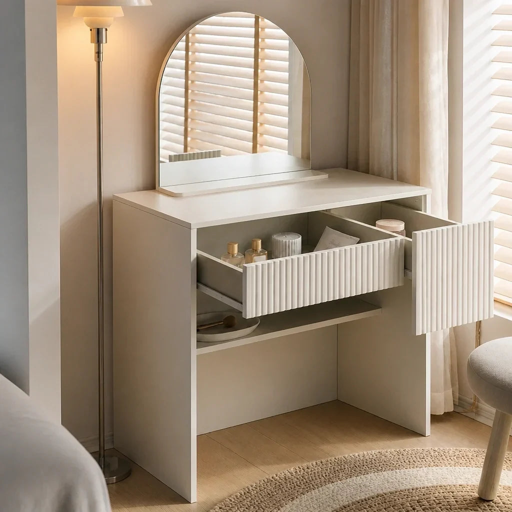 Small Dressing Table with Mirror - Cream White, 90cm
