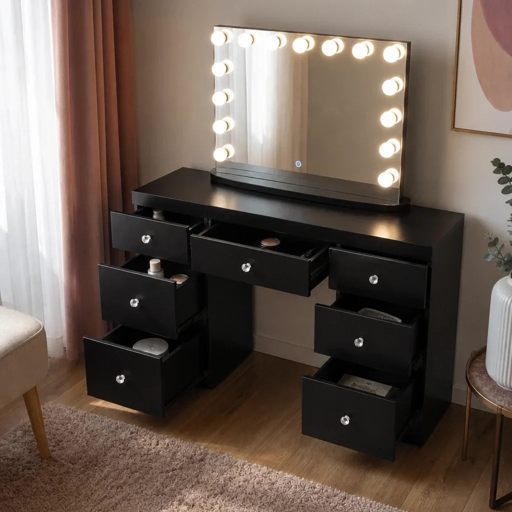 Dressing Table with Mirror and 7 Drawers - Black