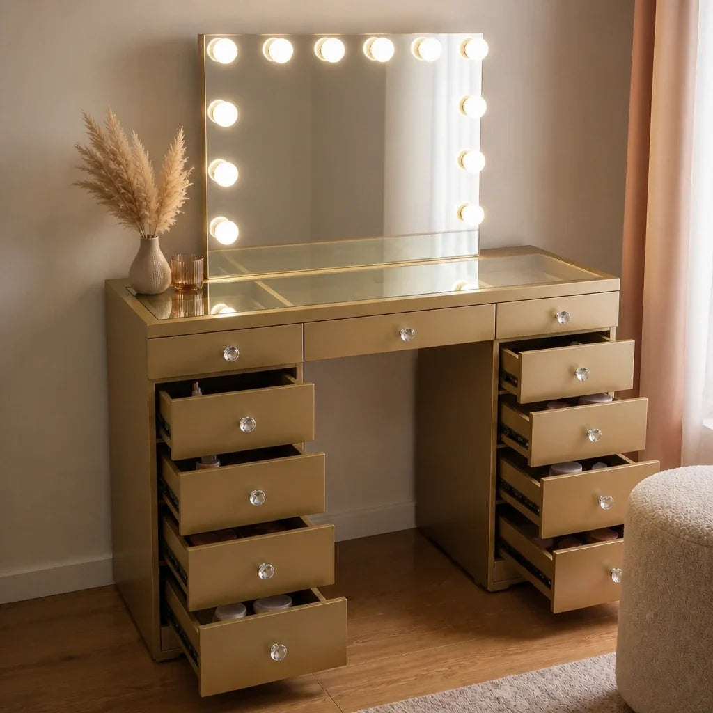 Dressing Table with Mirror and Drawers - Champagne Gold