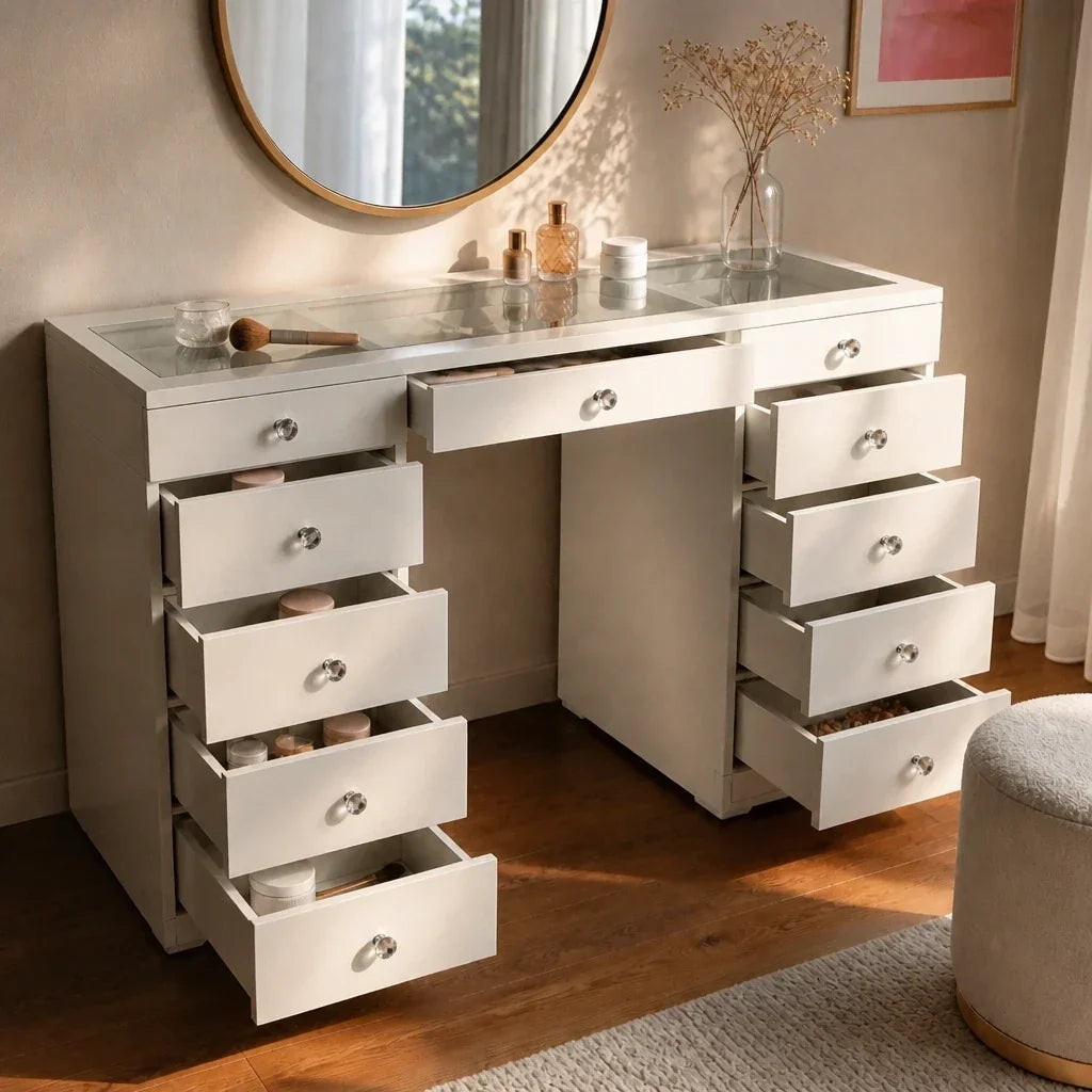 Dressing Table with Drawers - White, Glass Top
