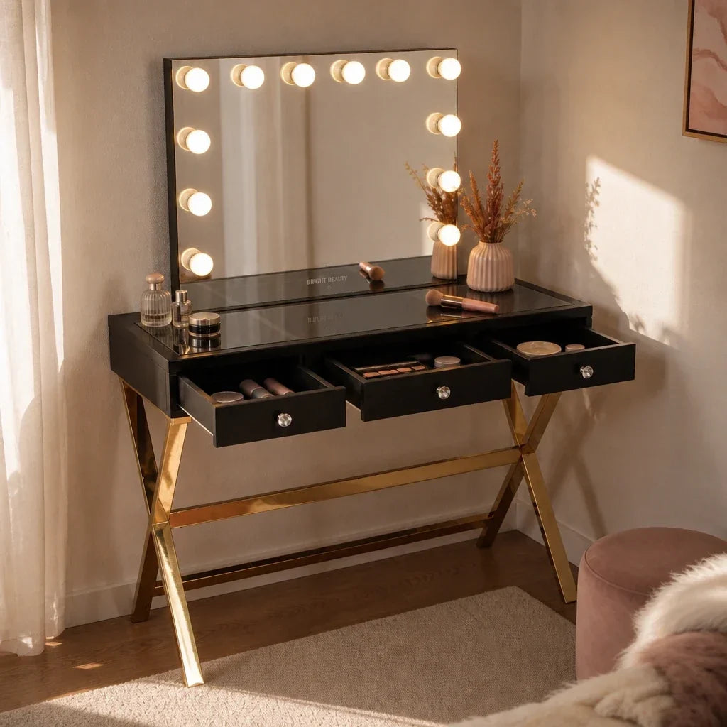 Dressing Table with Mirror - Black Glass Top, Gold Legs