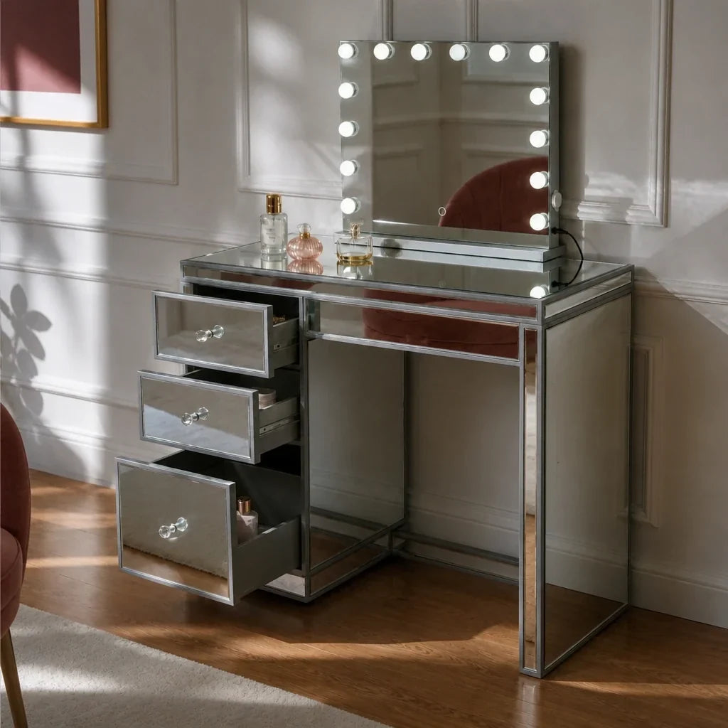 Small Dressing Table with Mirror and 3 Drawers - Mirrored