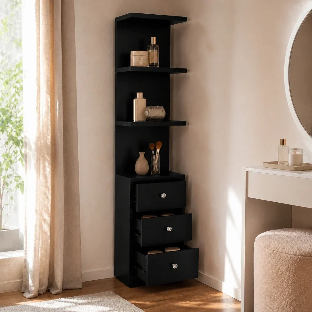 Dressing Table Shelf Unit with 3 Drawers - Black