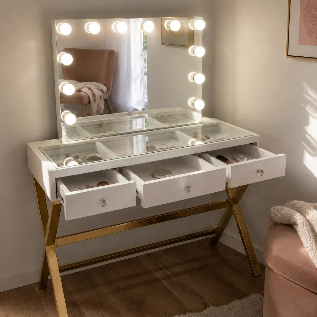 Dressing Table with Mirror - White Glass Top, Gold Legs
