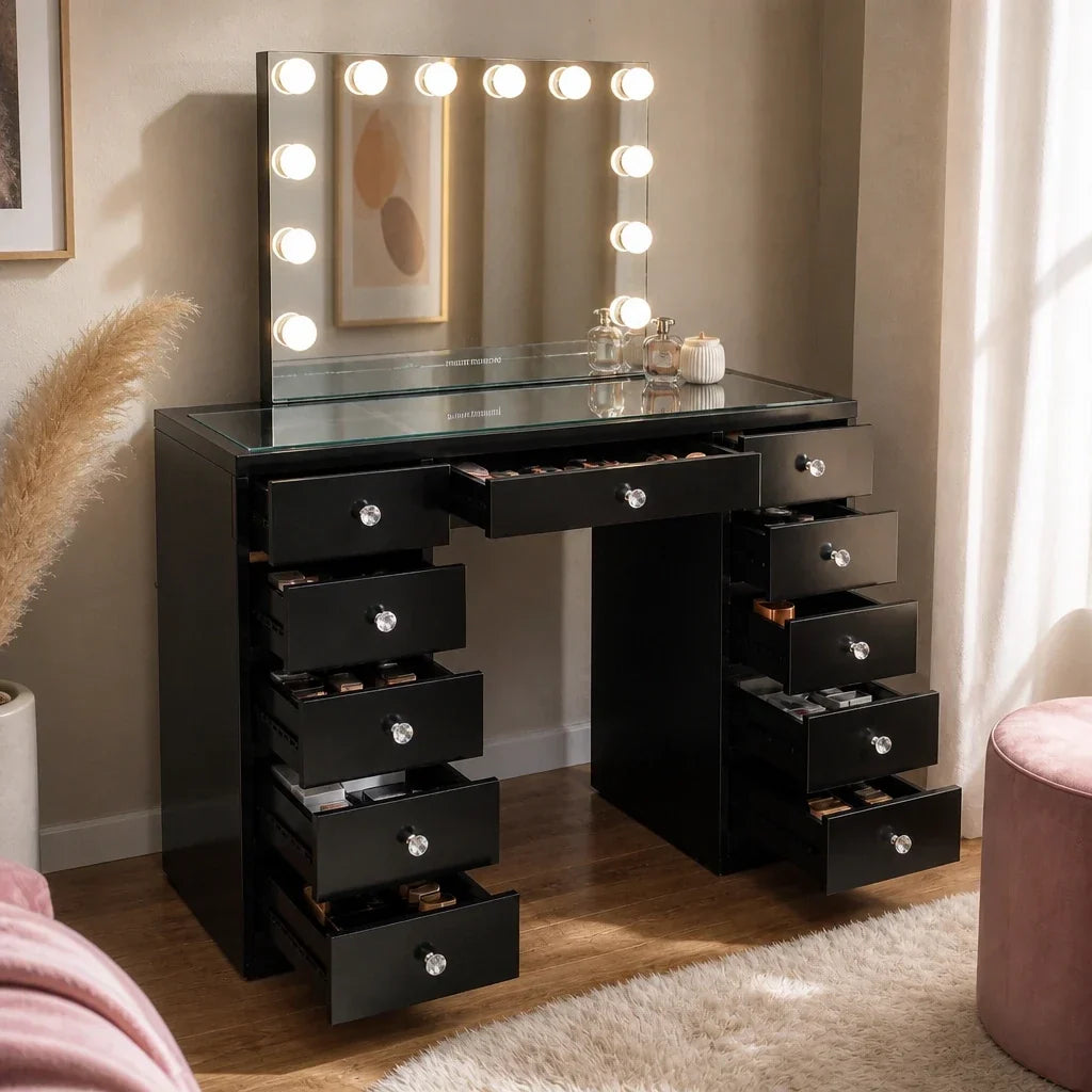 Dressing Table with Mirror and Drawers - Black