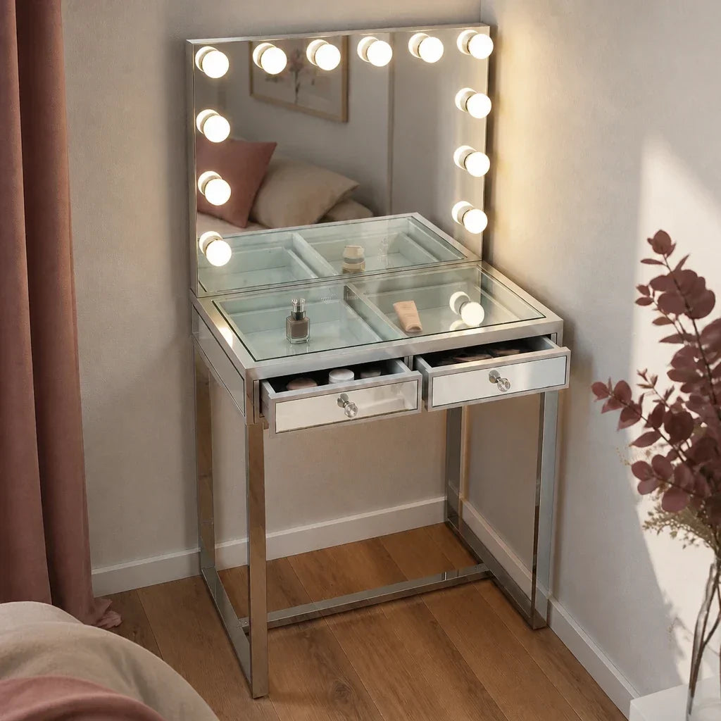 Small Dressing Table with Mirror - Mirrored, Chrome Legs