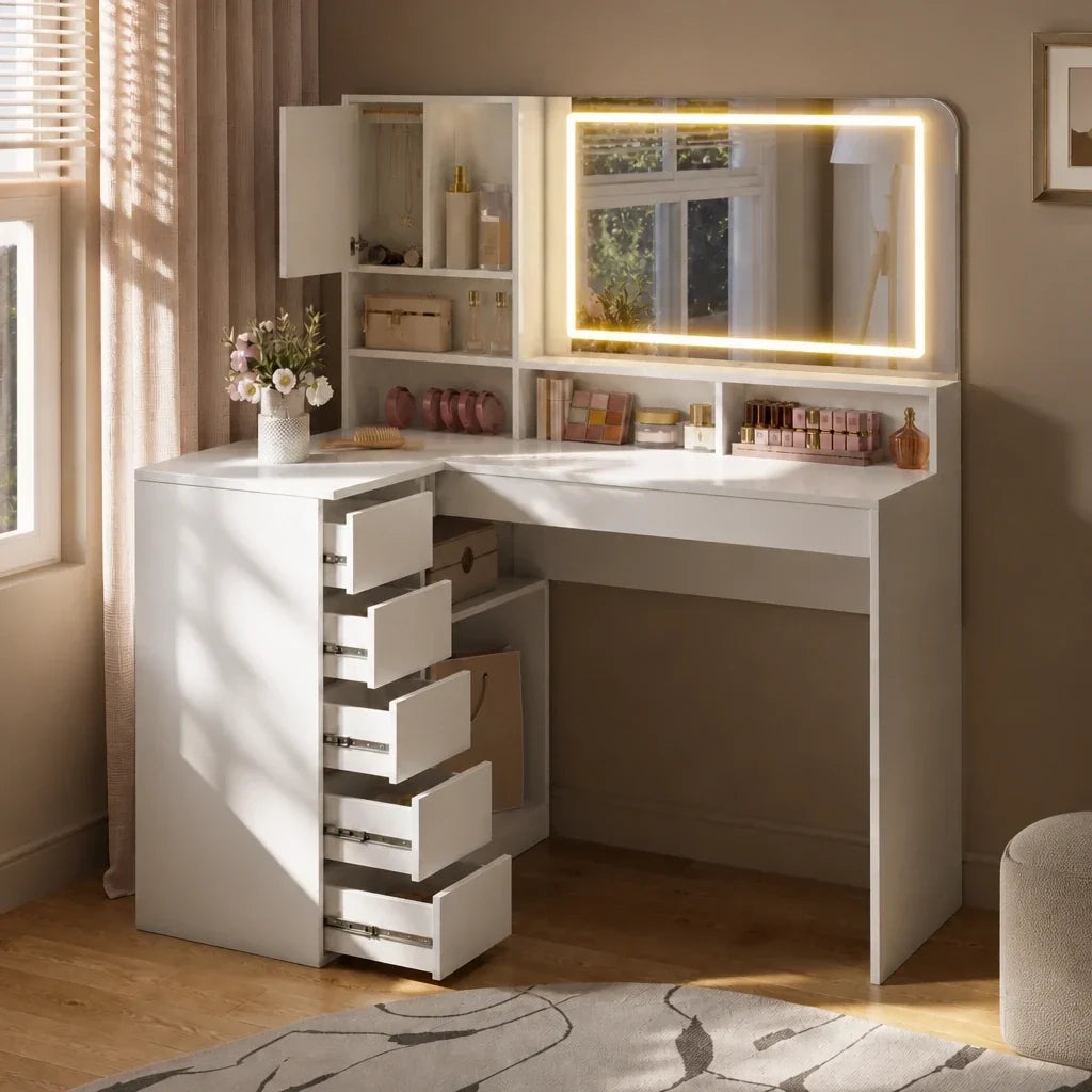 Corner Dressing Table with Mirror - White, 120 x 80cm