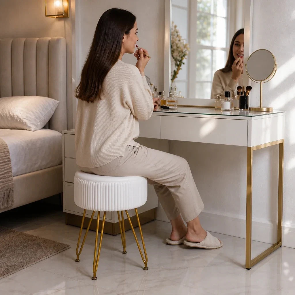 Dressing Table Stool - White Velvet with Gold Legs, 47cm