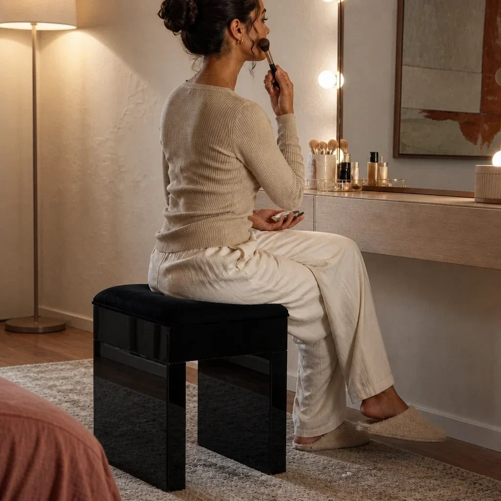 Dressing Table Stool - Black Velvet, Mirrored Frame