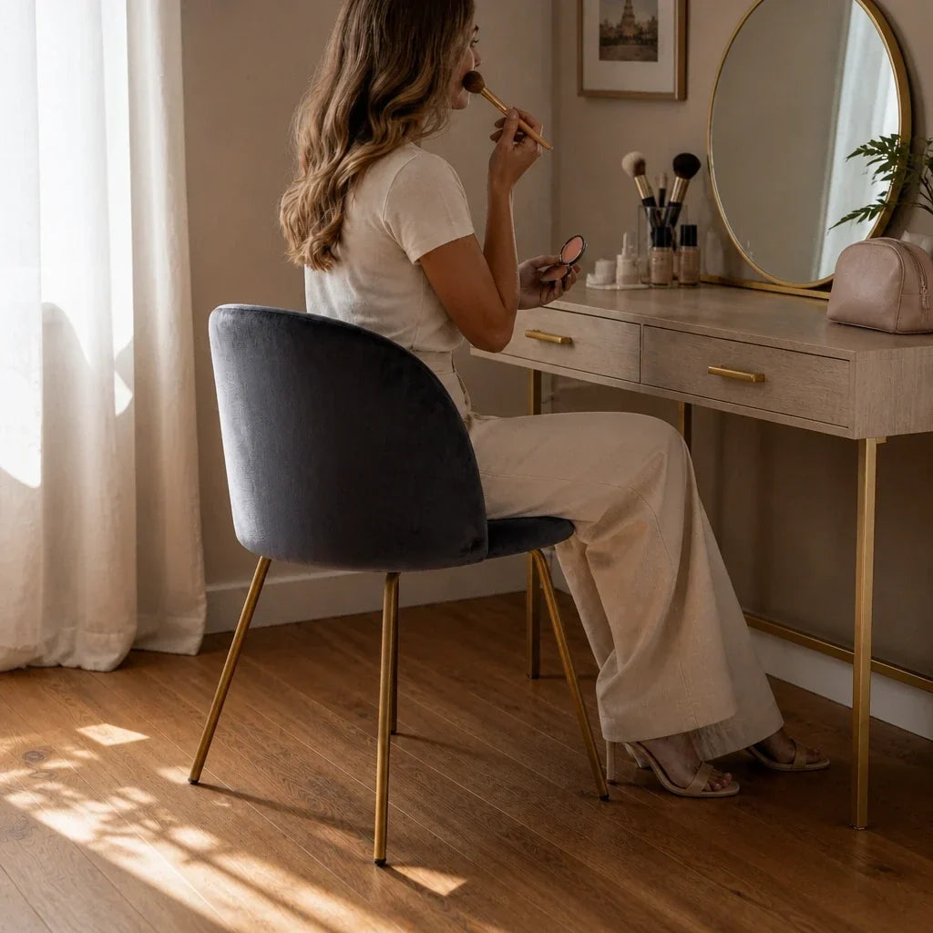 Dressing Table Chair - Charcoal Grey Velvet, Gold Legs