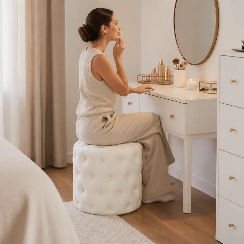 Dressing Table Stool - White Velvet Pouffe