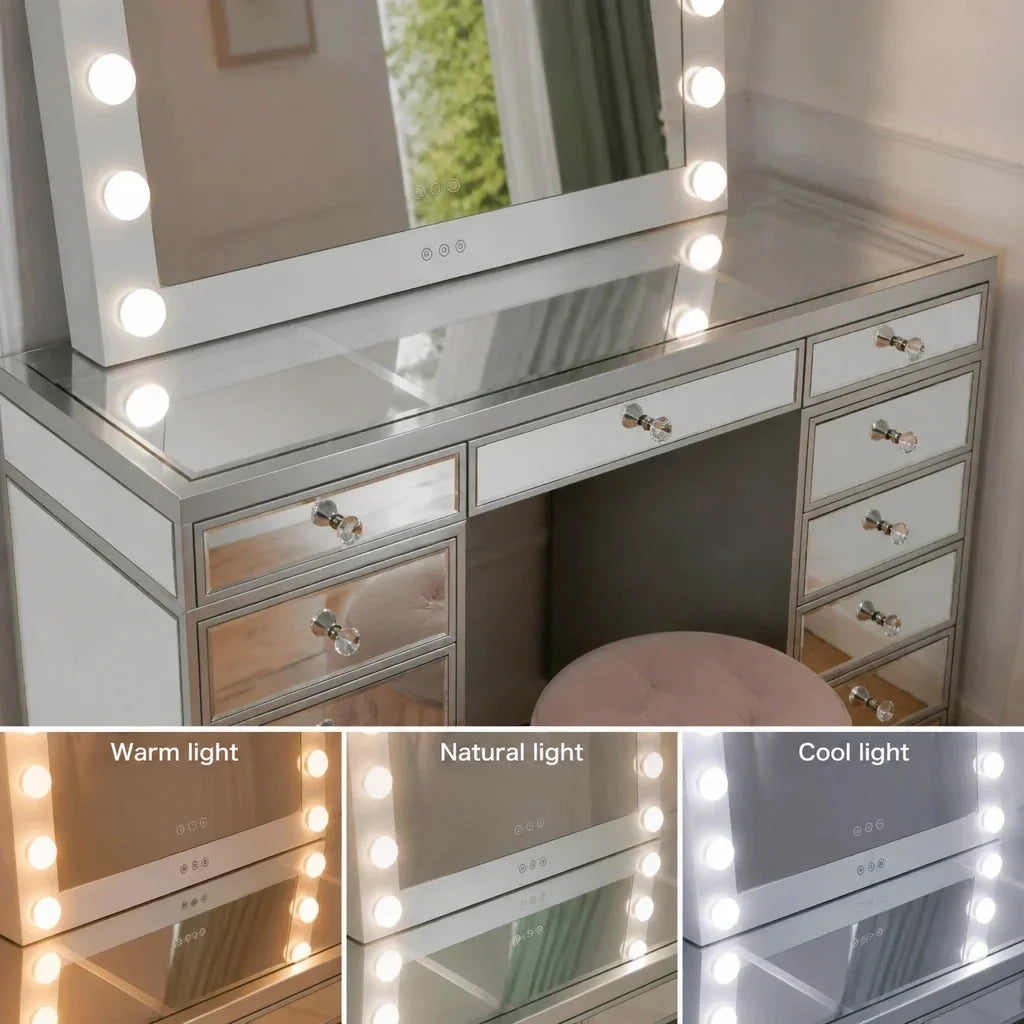 Mirrored Dressing Table with Drawers - Glass Top