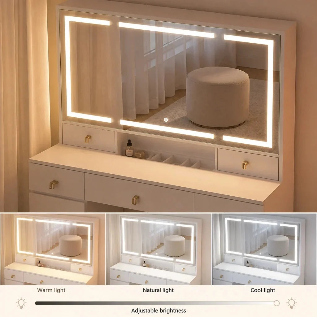 Dressing Table with Mirror and Gold Handles - White, 108cm