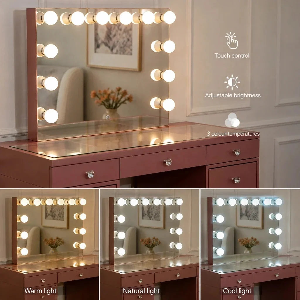 Dressing Table with Mirror and Drawers - Rose Gold