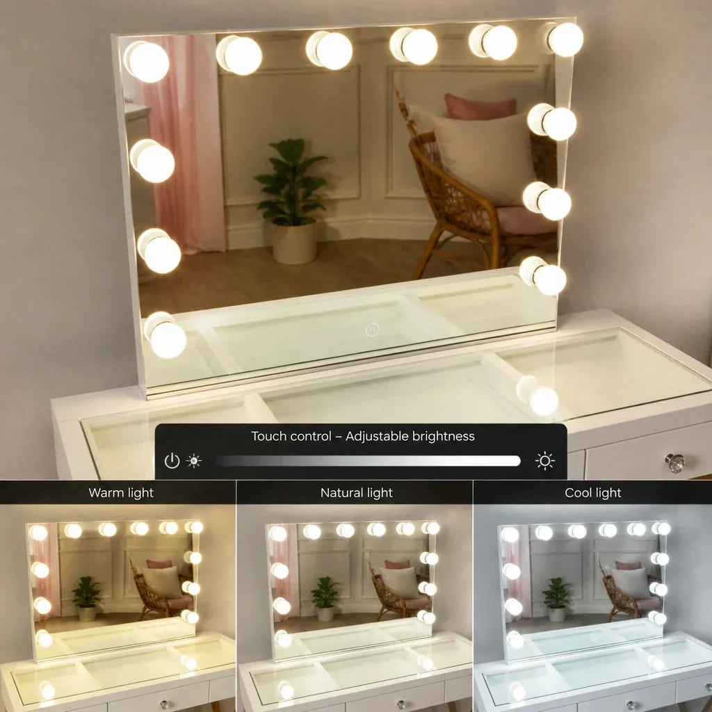 Dressing Table with Mirror - White Glass Top, Gold Legs