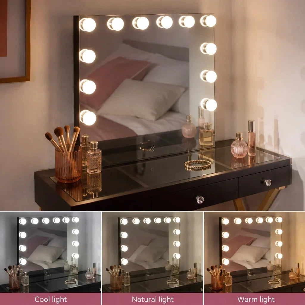 Dressing Table with Mirror - Black Glass Top, Gold Legs