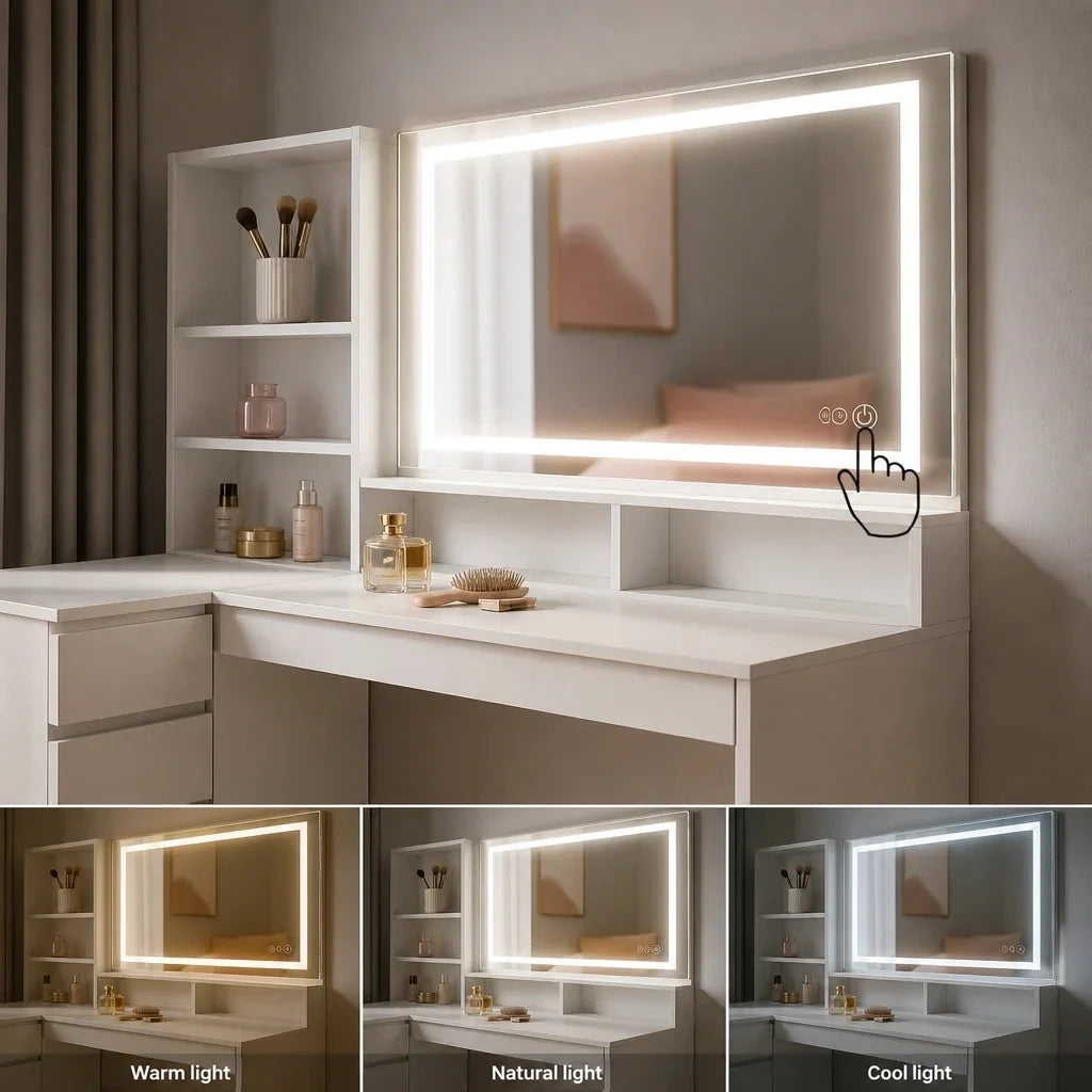 Corner Dressing Table with Mirror and Drawers - White