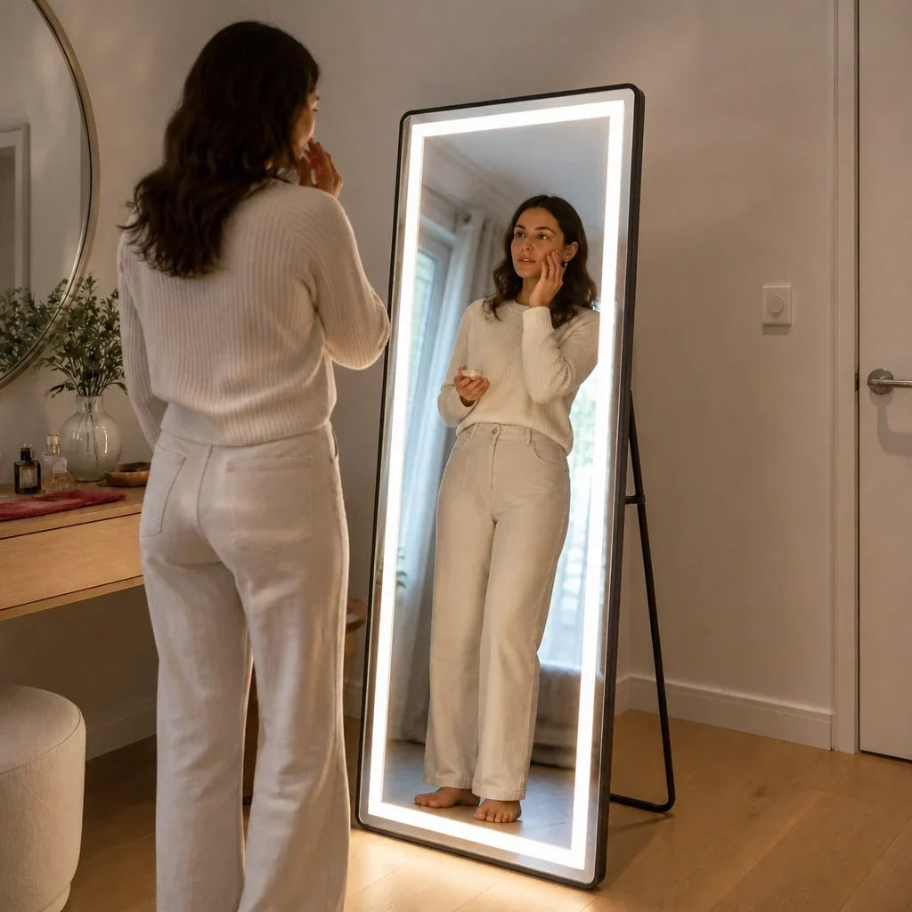 Full Length Floor Mirror with Lights - Black, 163cm