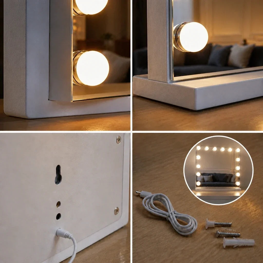 Hollywood Mirror with 12 LED Bulbs - White, 50cm