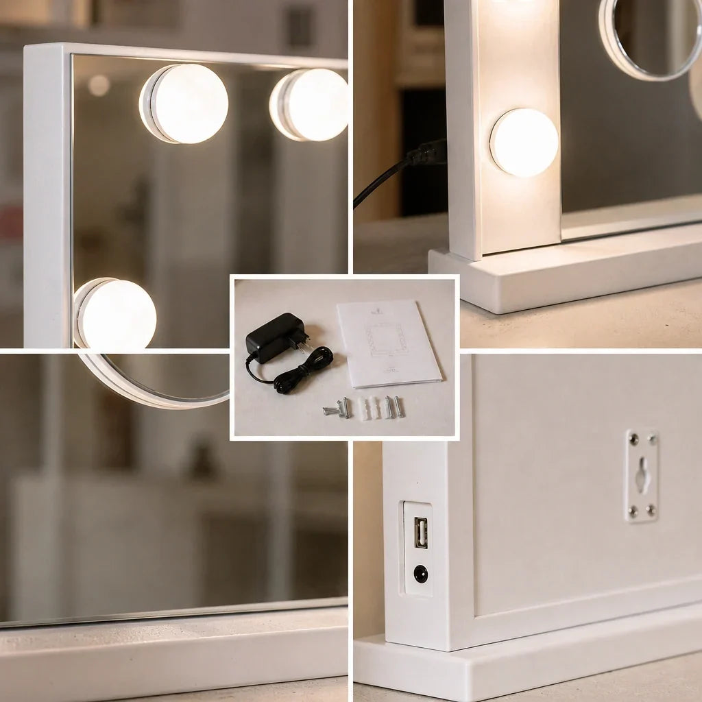 Hollywood Mirror with 15 LED Bulbs and USB Port - 58cm