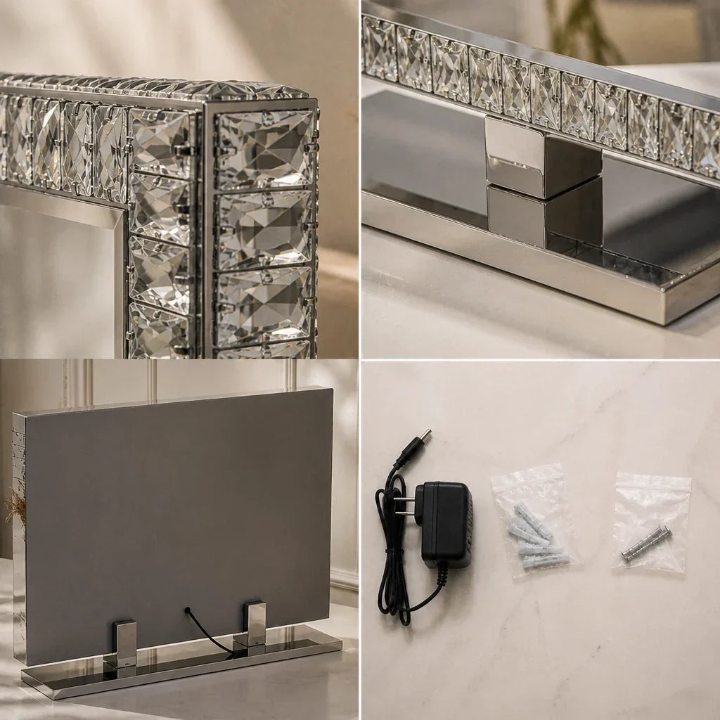 Makeup Mirror with Lights - Rectangular Crystal, Silver